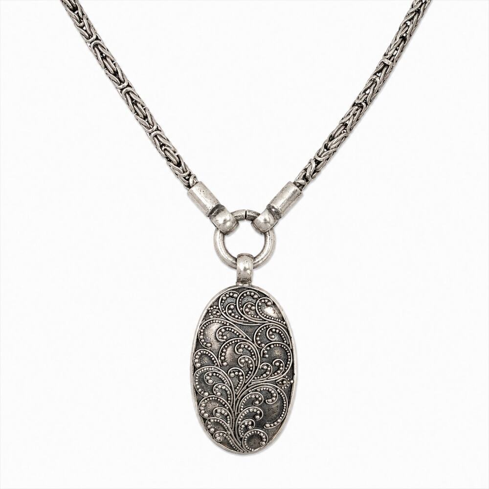 Sterling Silver Oval Filigree Pendant Necklace Vintage Style 17" Double Chain - Picture 2 of 6